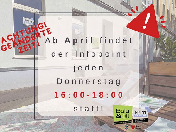 Öffnungszeiten des Infopoints im April: jeden Donnerstag von 16:00 bis 18:00 Uhr