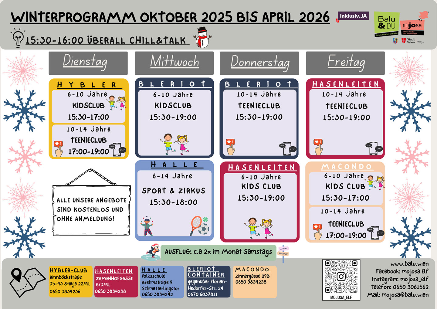 Infografik mit dem Winterprogramm von mojosa (Oktober 2025 bis April 2026)
