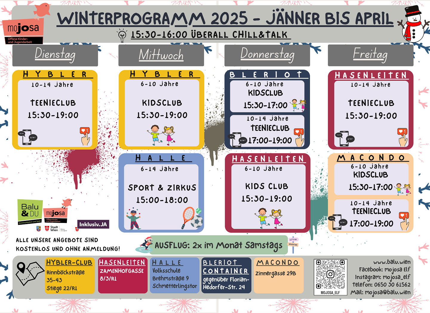 Infografik mit dem Winterprogramm von mojosa (Jänner bis April 2025)
