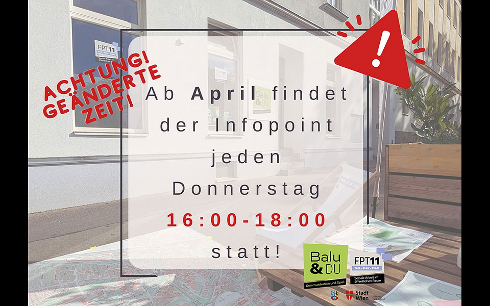 Öffnungszeiten des Infopoints im April Öffnungszeiten des Infopoints im April: jeden Donnerstag von 16:00 bis 18:00 Uhr